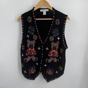Vintage Claudia D Sweater Vest Womens L Black Beaded Teddy Bear Christmas 90s